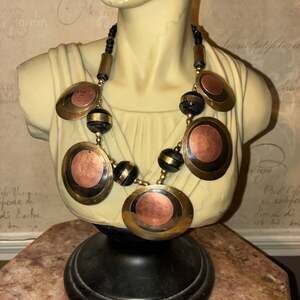 Vintage Gold, Silver & Copper Tone Disc Wood Bead Necklace - 24"